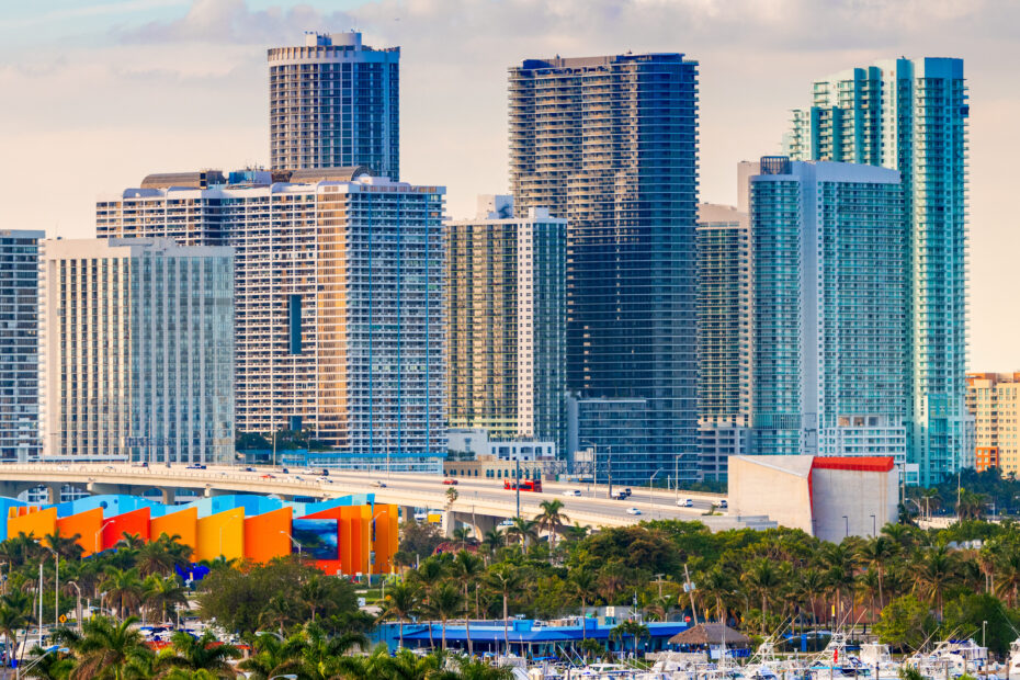 Miami downtown skyline with high-rise buildings viewed from MacArthur Causeway in the afternoon