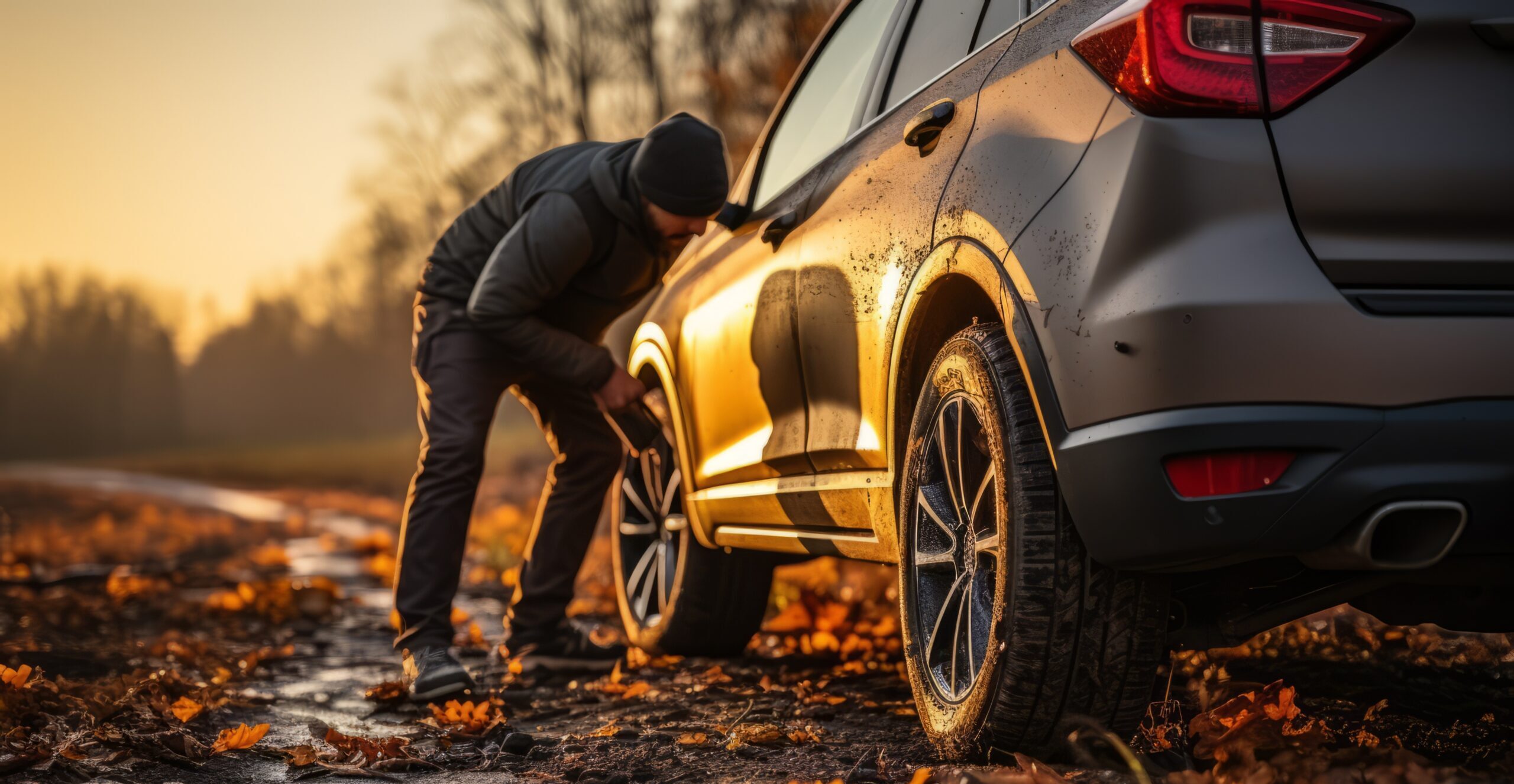 fall-vehicle-maintenance-check A person checking tire pressure on a vehicle during fall, surrounded by autumn leaves, as part of pre-game tailgate preparation.