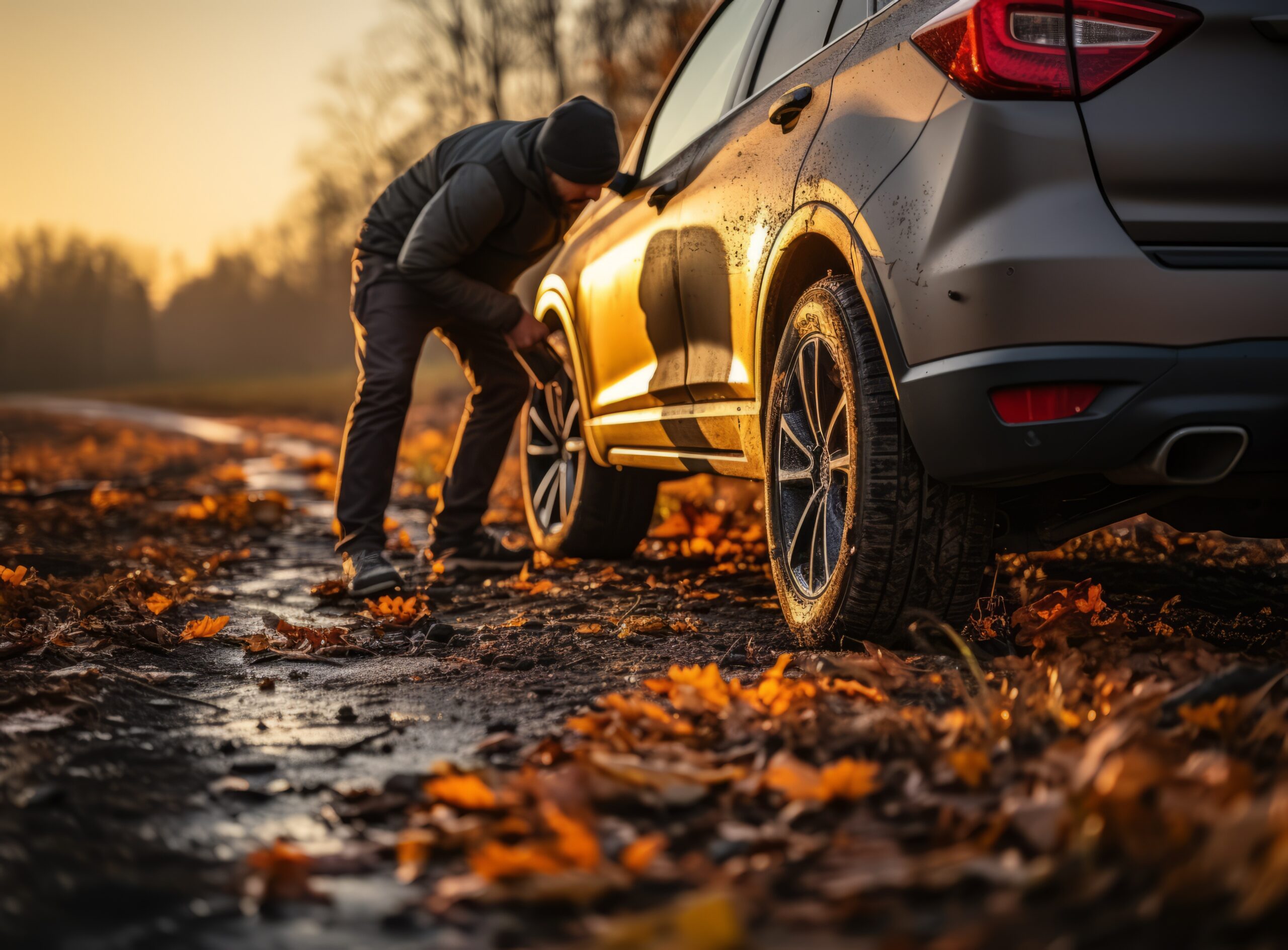 A person checking tire pressure on a vehicle during fall, surrounded by autumn leaves, as part of pre-game tailgate preparation.