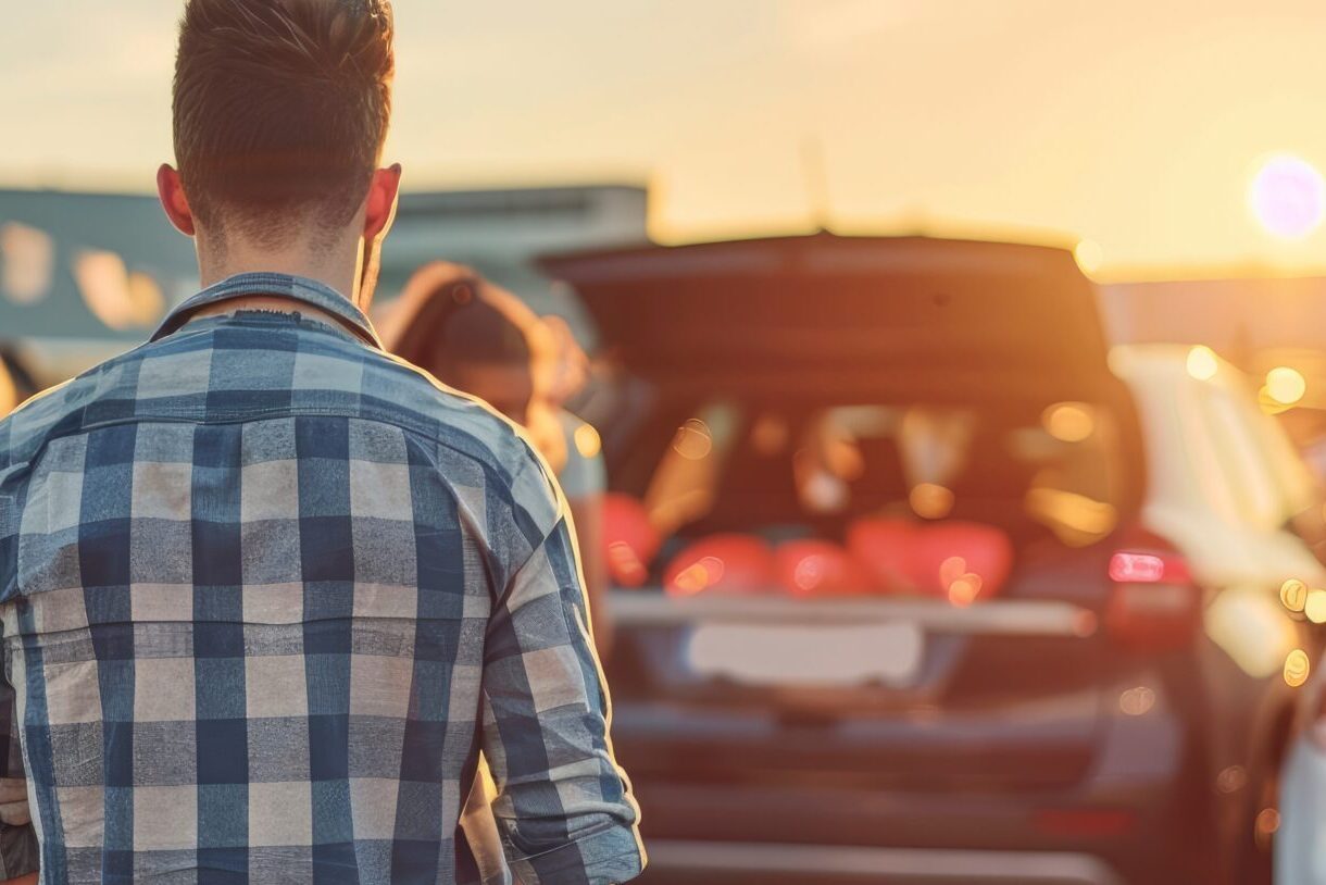 A man in a plaid shirt stands near his car during a tailgate, with the trunk open and supplies ready before a game.