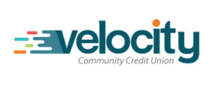 Velocity Community Credit Union logo with teal text and blue green red and orange accents