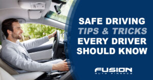 Driver behind the wheel with Safe Driving Tips & Tricks Every Driver Should Know graphic